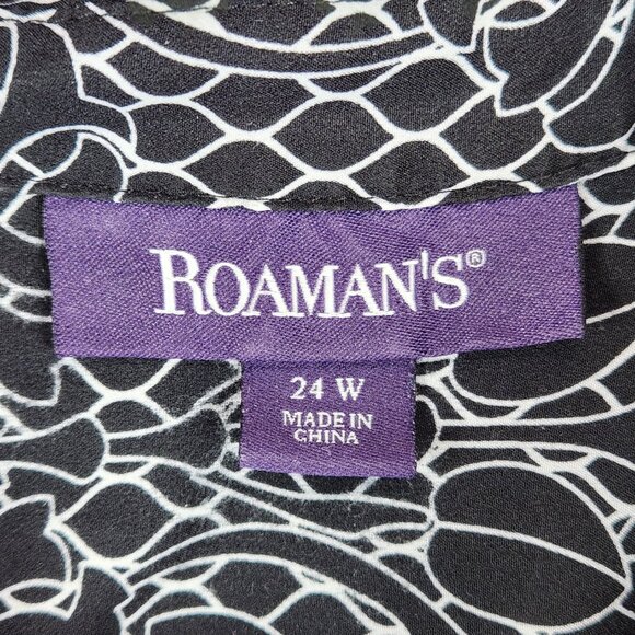 Roaman's Knee Length Button Up Tunic Plus Sz 24W Black White Short Sleeve Flowy - Picture 5 of 7